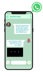 Ukázka podpůrné skupiny otevření hlasu na mobilu a whatsappu